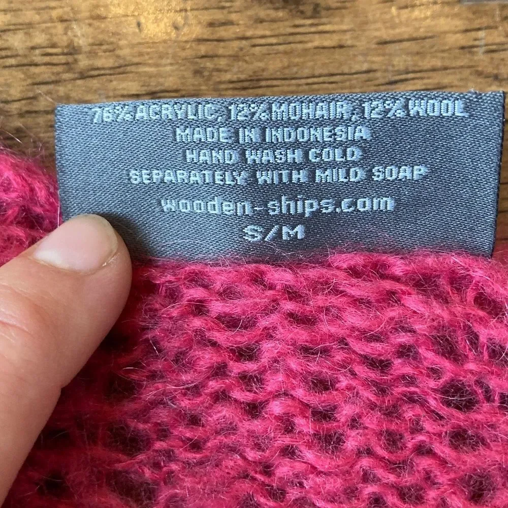 Wooden Ships S/M Sweater Pink V Neck Open Knit Mohair Wool Short Sleeve Cropped - Picture 5 of 7